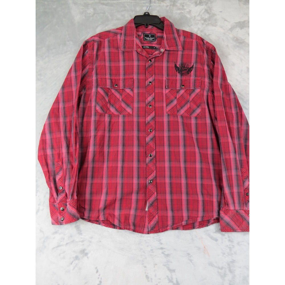 Marc Ecko Red Plaid Western Snap Shirt XL Long‎ Sleeve Embroidered Wings Back